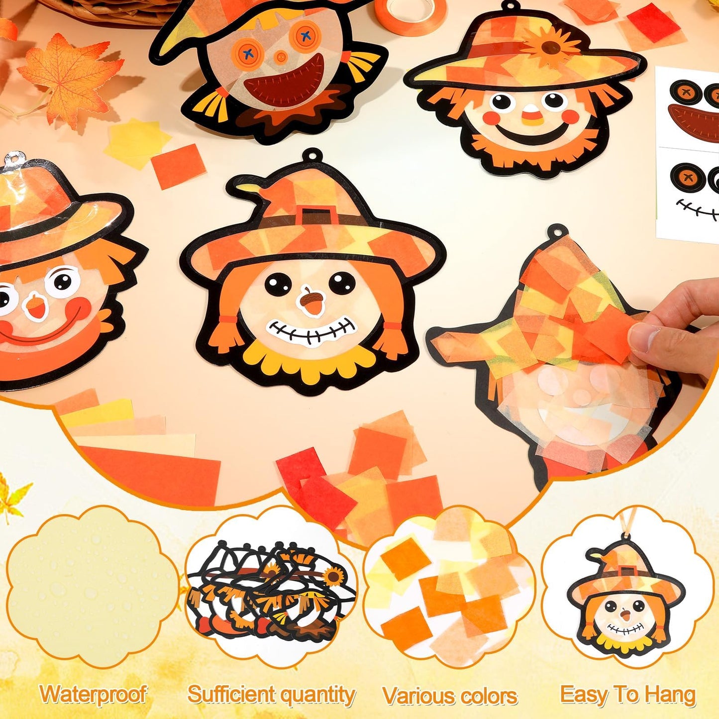 Qyeahkj 36 Set Fall Scarecrow Suncatchers Craft for Kids DIY Autumn Window Tissue Paper Craft Kit Hanging Decor for Thinkgiving