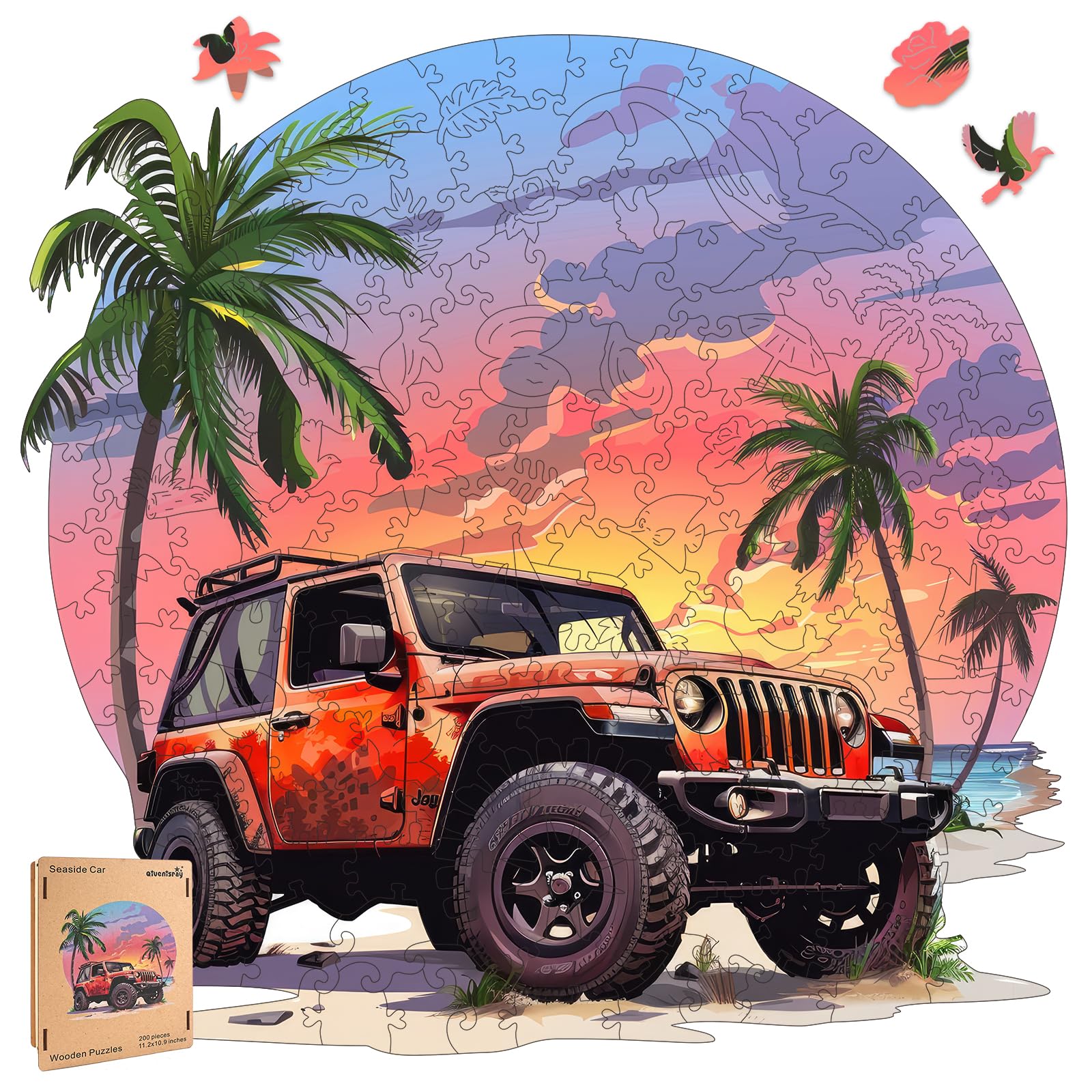 Wooden Jigsaw Puzzles-Seaside Car,200Pcs,12.4X11.4In,Medium,Wooden Puzzles For Adults,Unique Shape Animal Adult Puzzles,Irregula