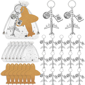 18 Sets Travel Adventure Party Favors  Airplane Compass Keychains, Tags, Organza Bags for Theme Party, Graduation, Baby Shower 