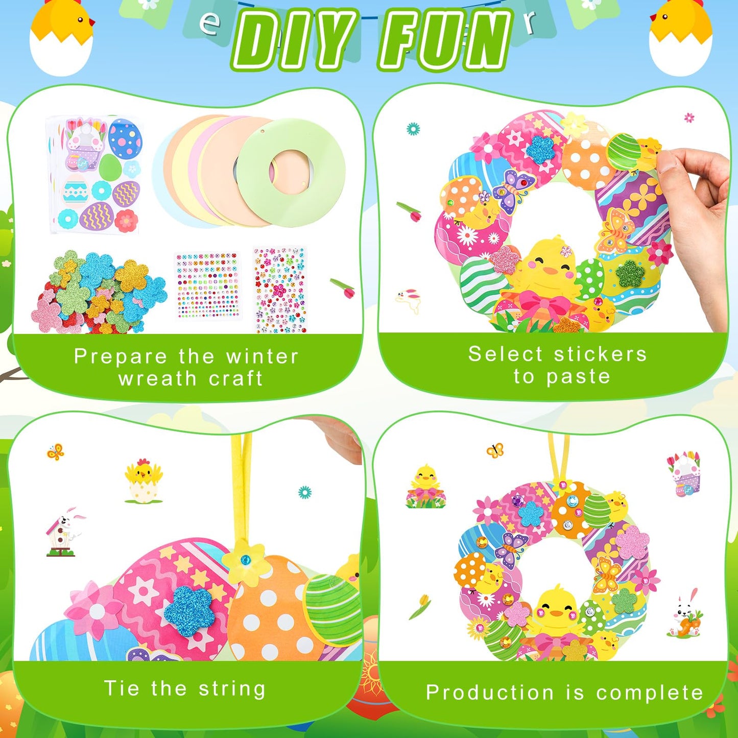 Hollowfly 48 Sets Easter Wreath Craft Kits DIY Wreath Hanging Ornaments Make Your Own Paper Craft with Stickers for Home Party F