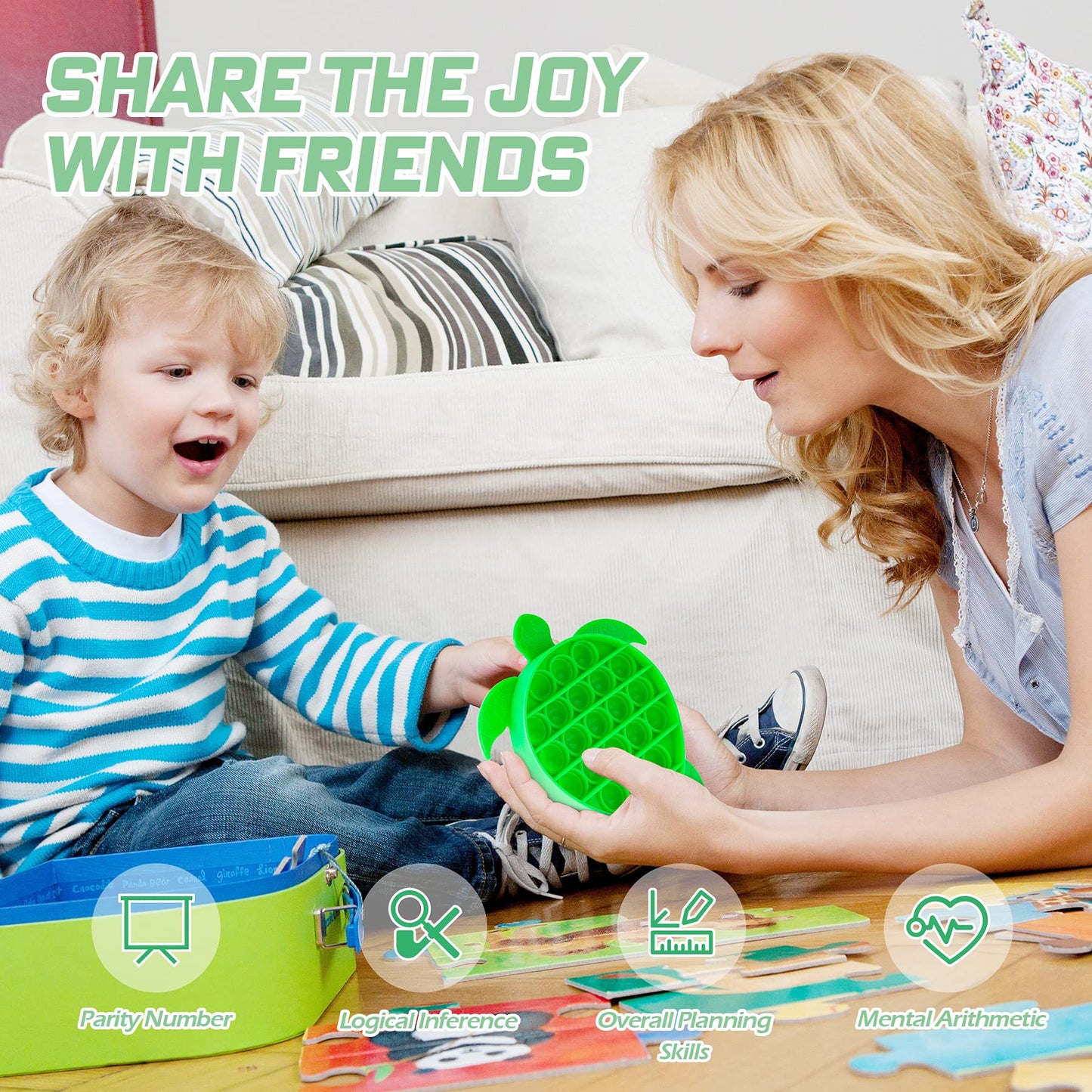 NiHealth Sea Turtle Fidget Toy - Silicone Sensory Popper Game for Kids & Adults, Green, Model NiHealth-0009