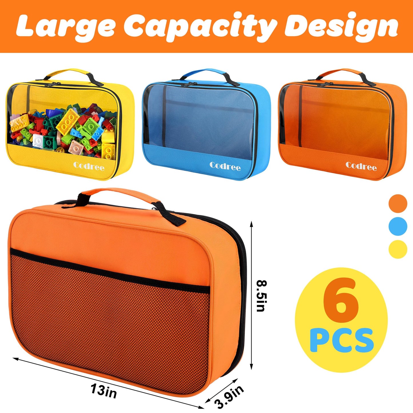 Codree 6 Packs Large Oxford Cloth Toy Storage Bags, 13 X 8.5 X 3.9 Inch Visible Toy Organizing Bags With Zipper, Waterproof Trav