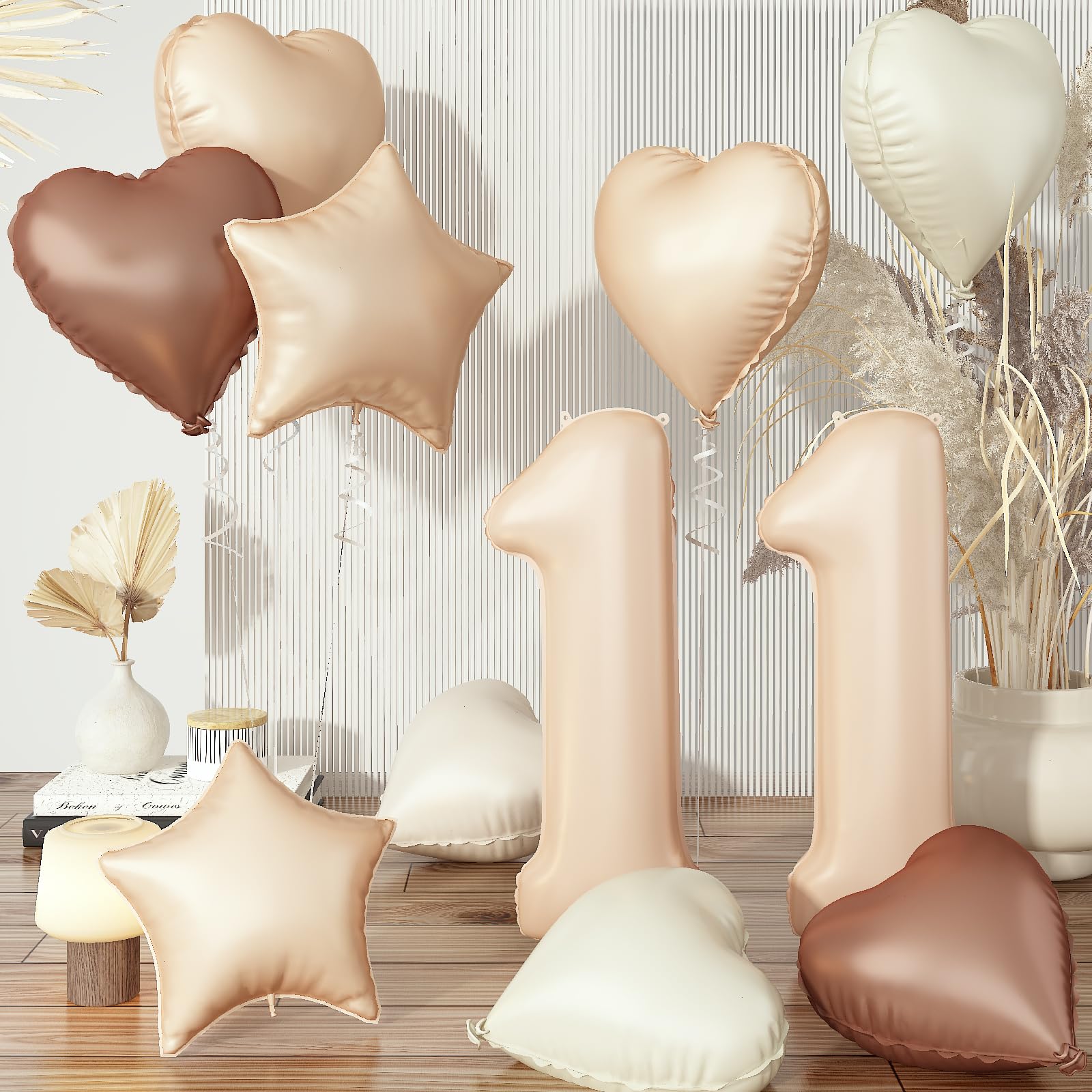 Nude 11 Balloons Set, 40 Inch Retro Apricot Foil Number 11 Balloon Decor, Neutral Heart Balloon Brown Tan Taupe Star Helium Hear