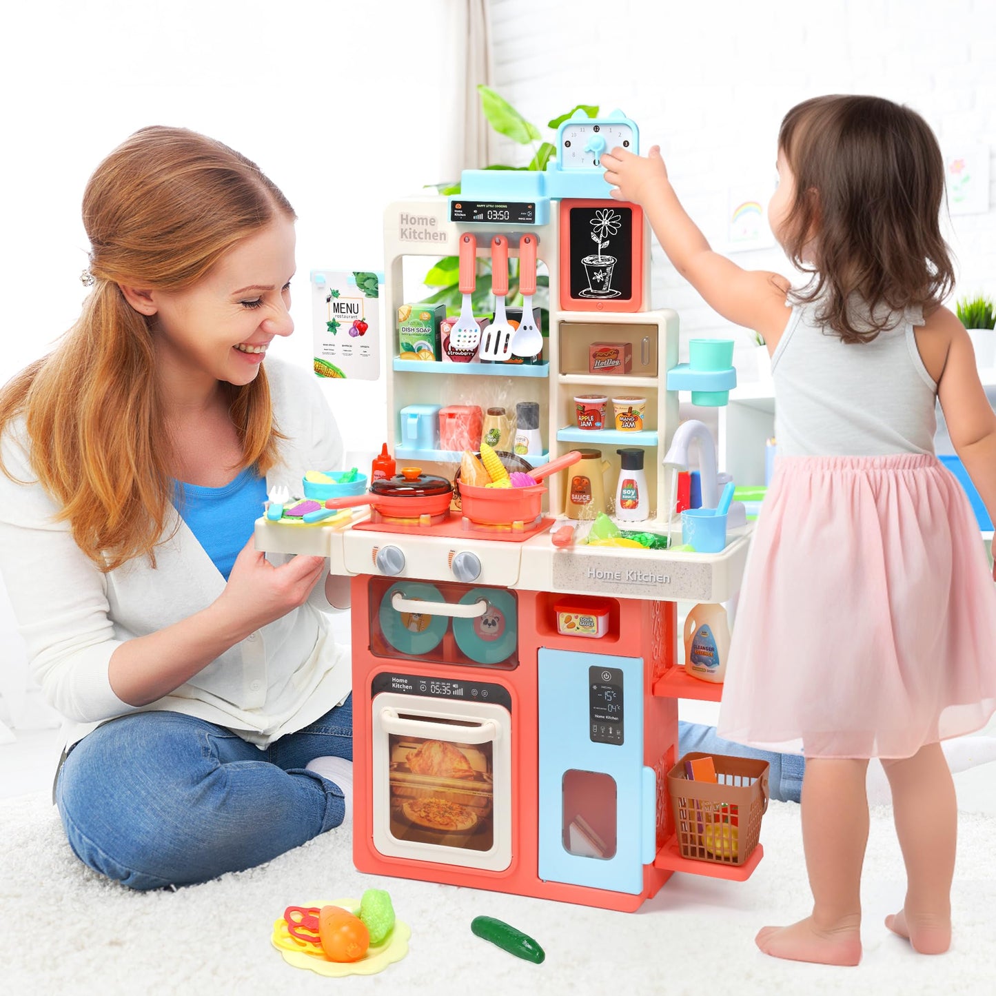 HOLYFUN Kids Kitchen Playset, Kitchen Set for Toddler with Sound and Light, Cooking Stove with Steam, Play Sink and Toy Kitchen
