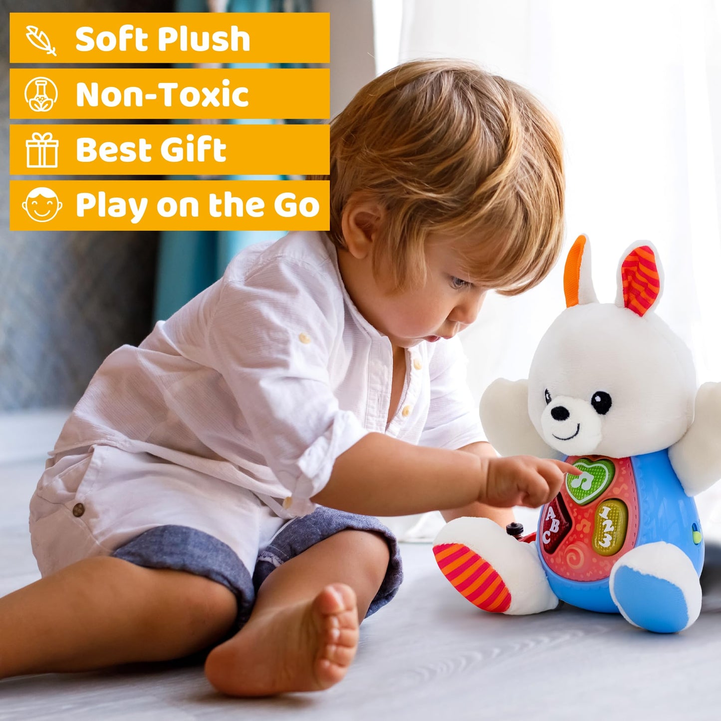 Kiddolab Bunny Plush Toy - Musical Stuffed Animals With 3 Light-Up Buttons, 4 Children'S Nursery Songs & Sound Effects - Soft Learning Toy For Infants, Babies, And Toddlers Aged 3 Months And Up