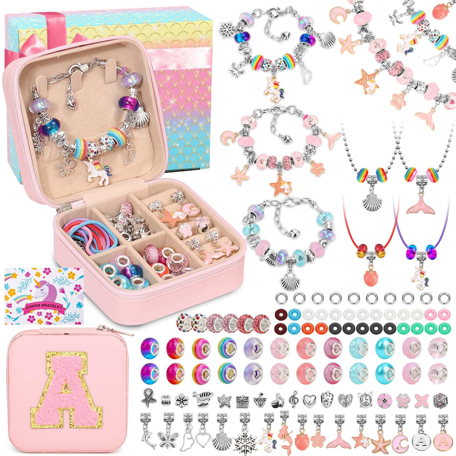 LifeisLuck Charm Bracelet Making Kit, Jewelry Making Kit for Girls DIY Charm Necklace Kit with Bracelet Organizer Box Unicorns C