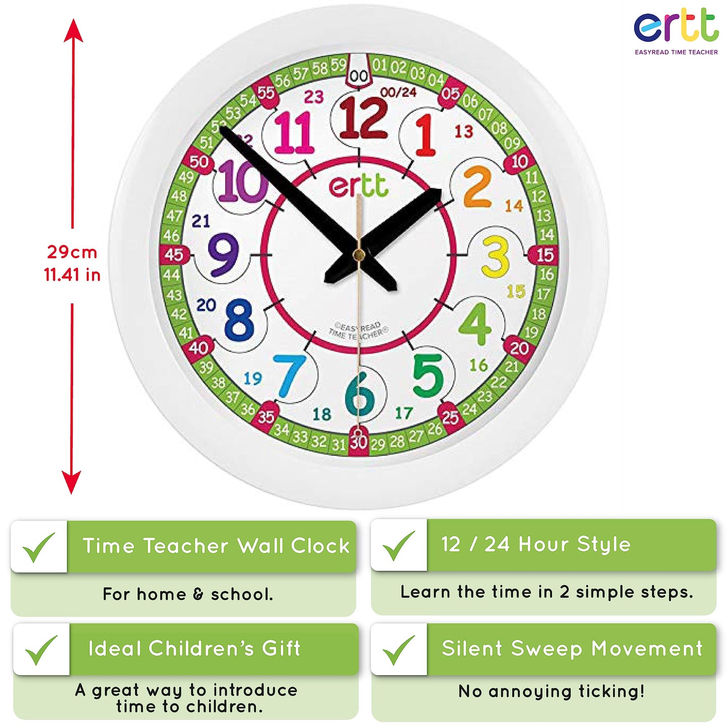 ertt Teaching Wall Clock - Kids Analog Classroom Clock, Rainbow Face, 29cm, Plastic, Model ERTT-DIG