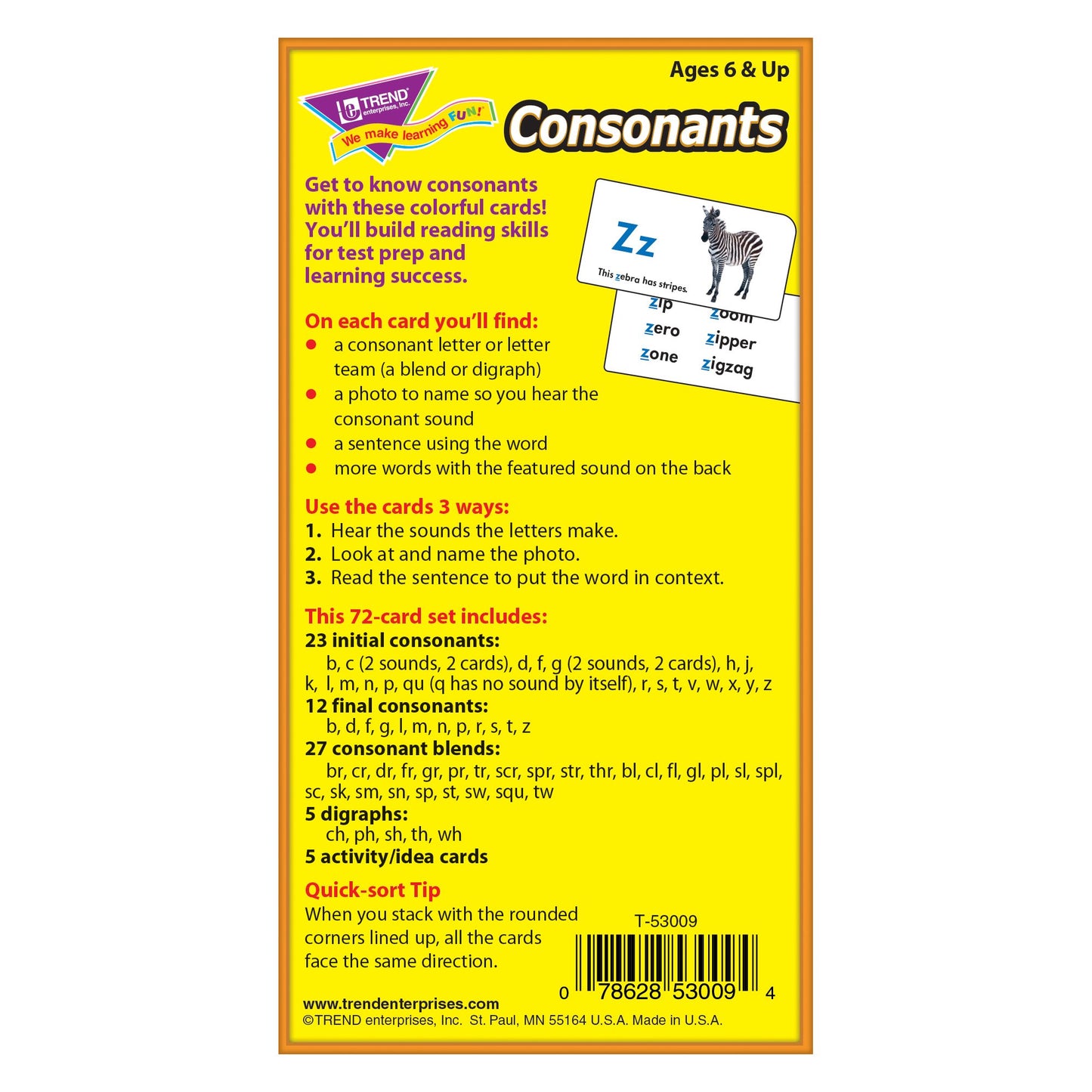 Trend Enterprises T-53009 Flash Cards Consonants-72/Box