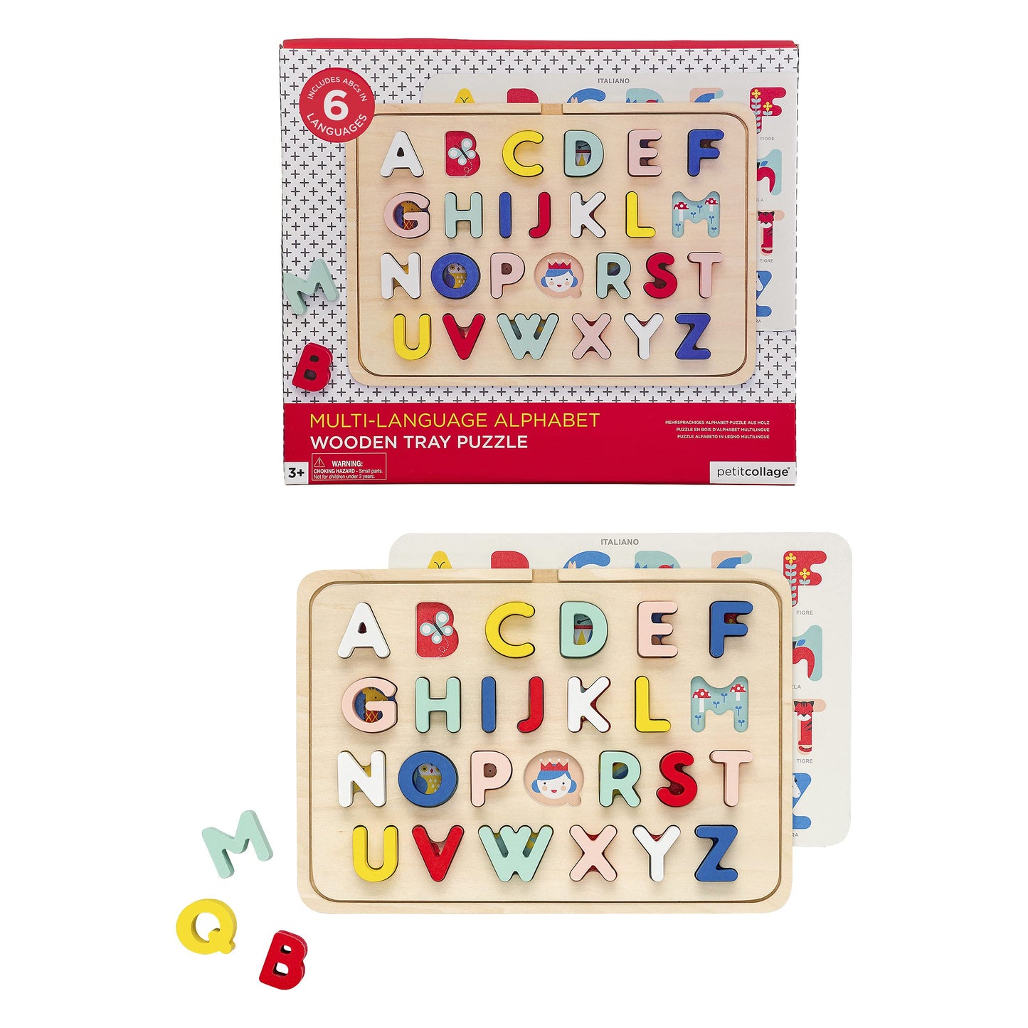 Petit Collage Multi-Language Alphabet Wooden Jigsaw Tray Puzzle – Abc Puzzle With 26 Letter Pieces And 4 Icon Sheets, Language Development Toys In English, French, Italian & German, Ideal For Ages 3+