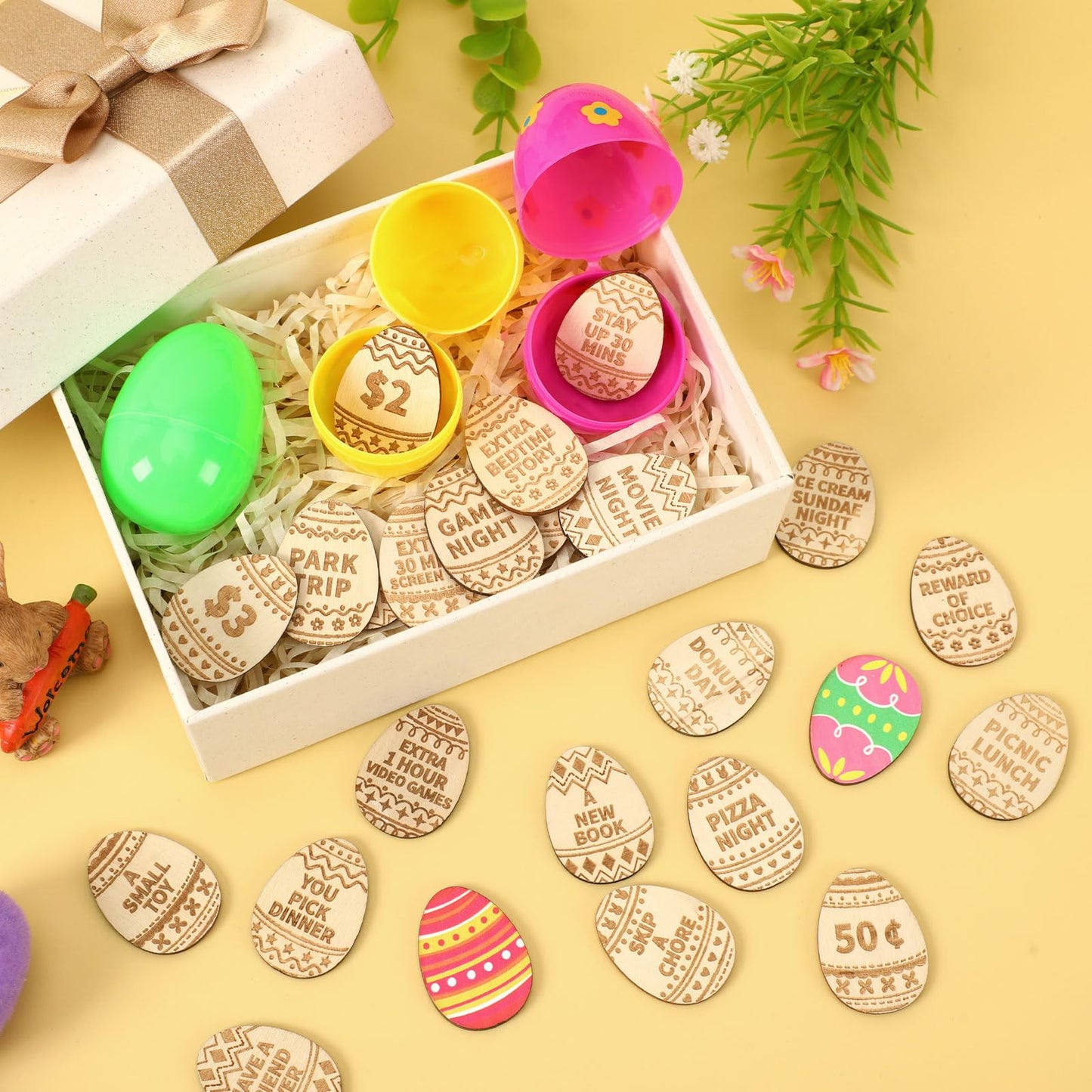 Jansun 24Pcs Easter Egg Tokens, Easter Egg Fillers Wooden Easter Reward Tokens Tokens Coins With 24 Different Engraved Sayings F