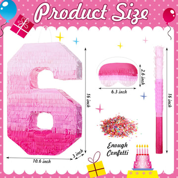 Sratte Number Piñata Pink Piñata Birthday Decorations Gradient With Stick Blindfold Confetti For Girls Boys Birthday Anniversary Party Decorations Supplies(Number 6)
