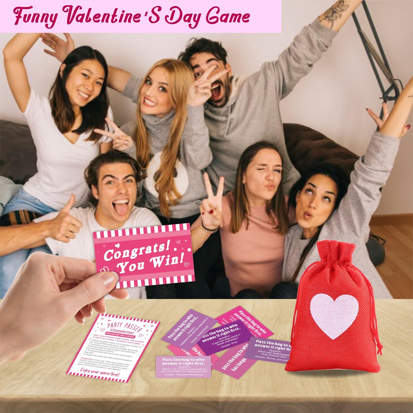 Valentine's Day Pass The Bag Game Kit  44 Tip Cards & 1 Pass Bag  Funny Party Game For teenager & mature-themed  Gathering Prize Game  Group Activity  Party Supplies -(RedA02)