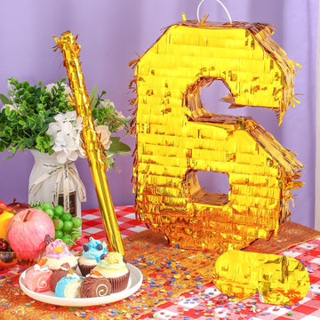 Sratte Number Piñata Birthday Piñata Decorations Gold Foil Piñata With Stick Blindfold Confetti For Boy Girl Birthday Party Decorations Anniversary Celebrations Fiesta Supplies(Number 6)