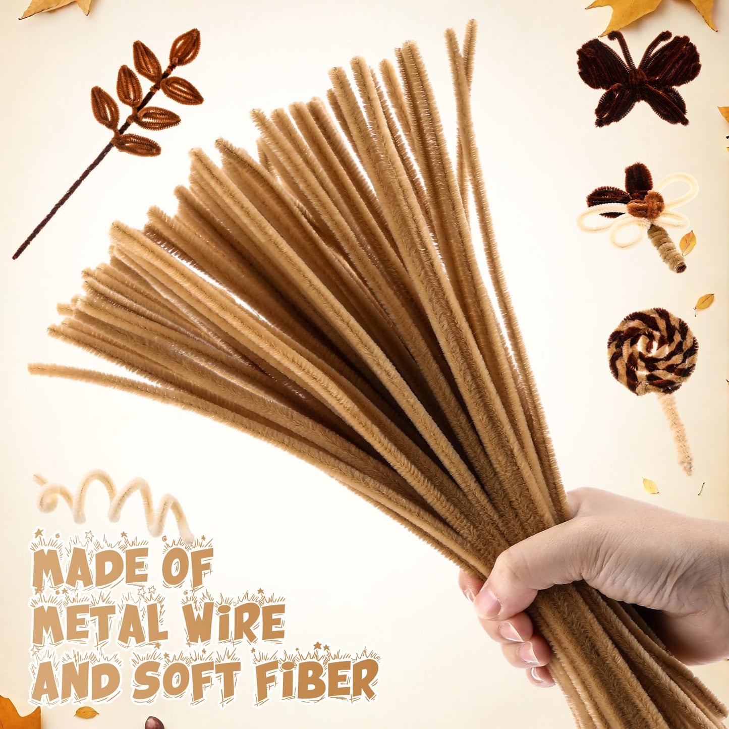 RoundFunny 400 Pcs 24 Inch Extra Long Brown Pipe Cleaners Chenille Stem Thick Fluffy Pipe Cleaners Craft Supplies for Halloween