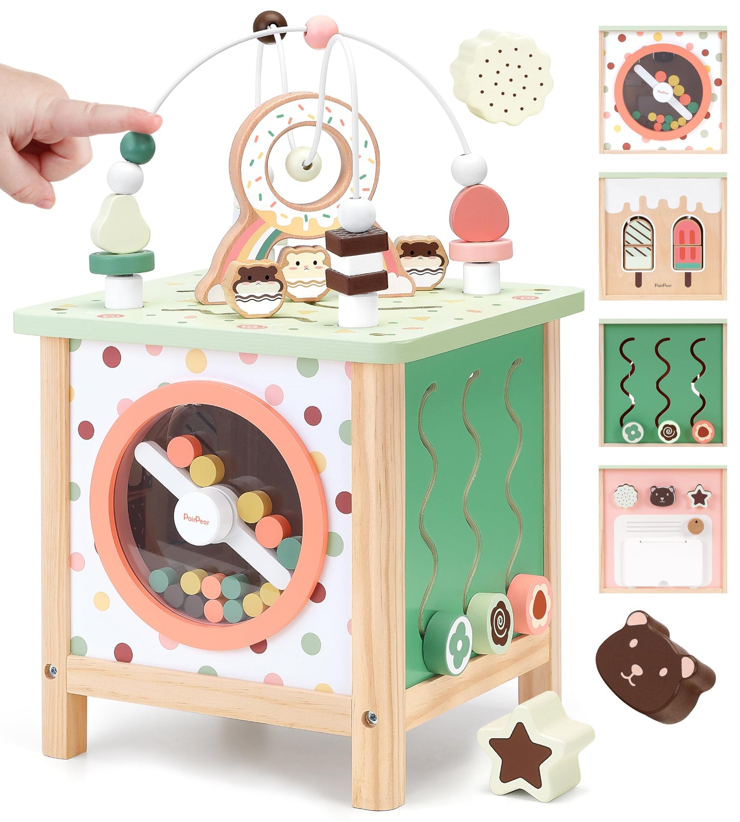 PairPear 7-in-1 Wooden Activity Cube Montessori Toys  Dessert-Themed Kids Play Cube Activity Bead Maze  Shape Sorter & Busy Board  Early Learning Play Center Toy for Toddlers 1-3