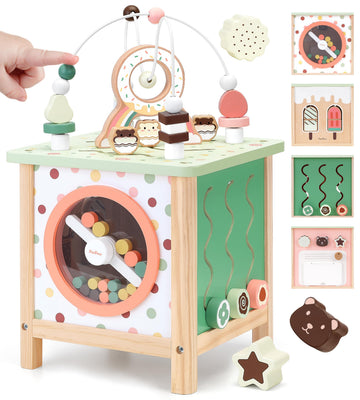 PairPear 7-in-1 Wooden Activity Cube Montessori Toys  Dessert-Themed Kids Play Cube Activity Bead Maze  Shape Sorter & Busy Board  Early Learning Play Center Toy for Toddlers 1-3