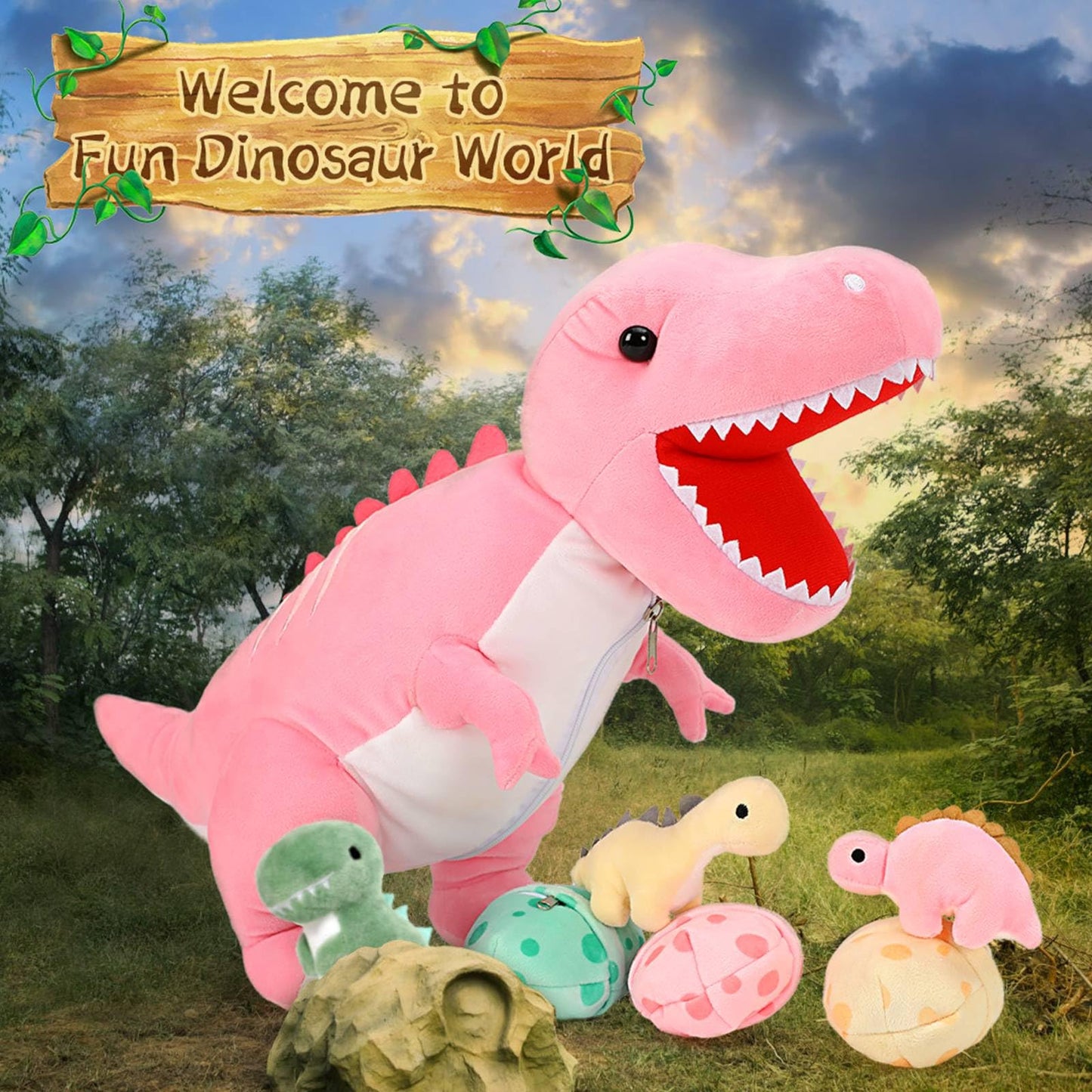 Morismos Dinosaur Stuffed Animal With Babies,23.6'' Big Mommy Stuffed Dinosaur With 3 Baby Dinosaur Stuffed Toys & 3 Eggs Plush Inside Belly, Boy Girl Dinosaur Toys For Kids 3-5, Pink T-Rex Toy