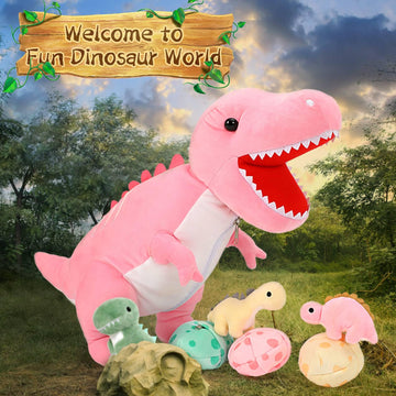 Morismos Dinosaur Stuffed Animal With Babies,23.6'' Big Mommy Stuffed Dinosaur With 3 Baby Dinosaur Stuffed Toys & 3 Eggs Plush Inside Belly, Boy Girl Dinosaur Toys For Kids 3-5, Pink T-Rex Toy