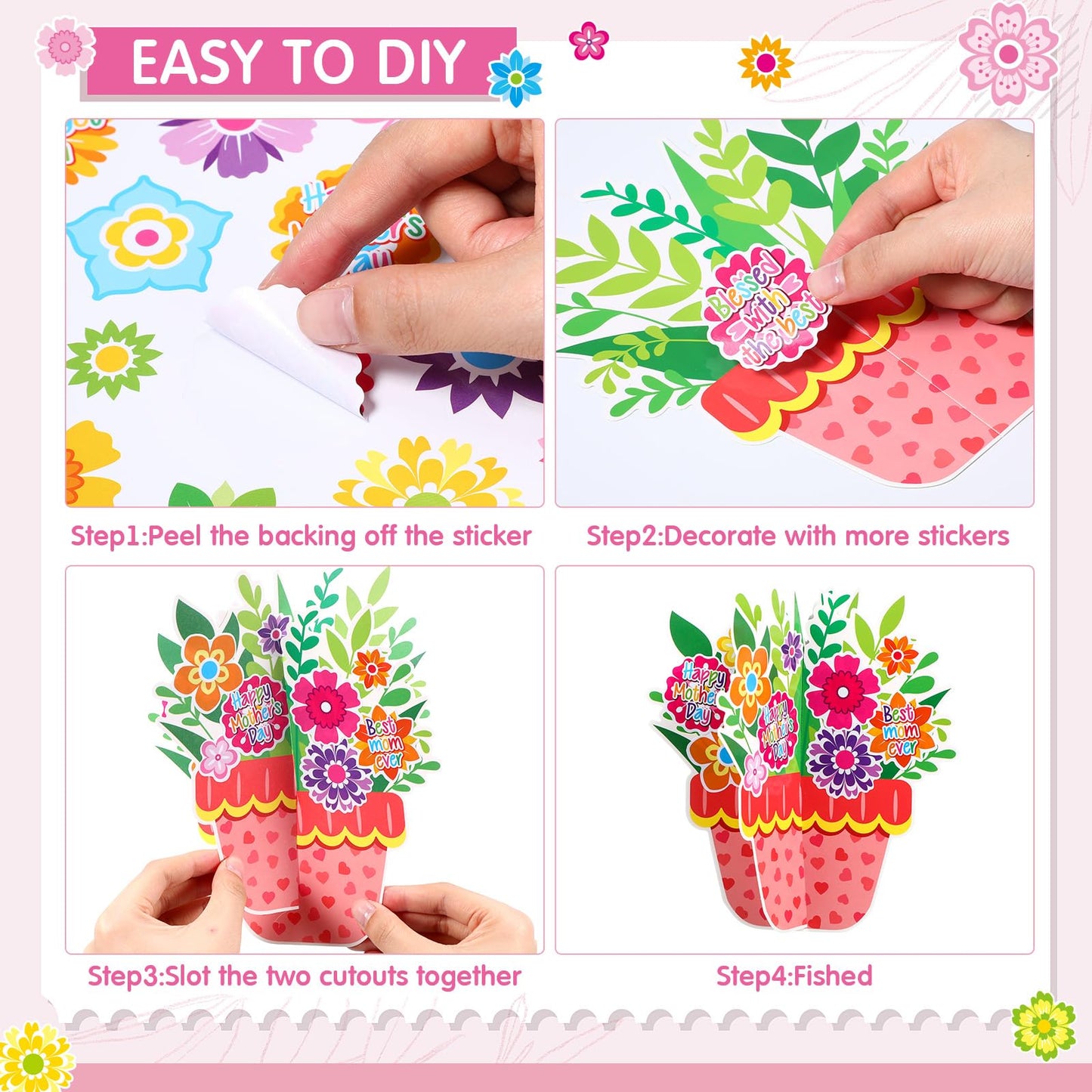 Fullhawl 24 Sets Mothers Day DIY Craft Kits Make Your Own 3D Flower Pot Best Mom Flowers Stickers for Happy Mothers Day Birthd