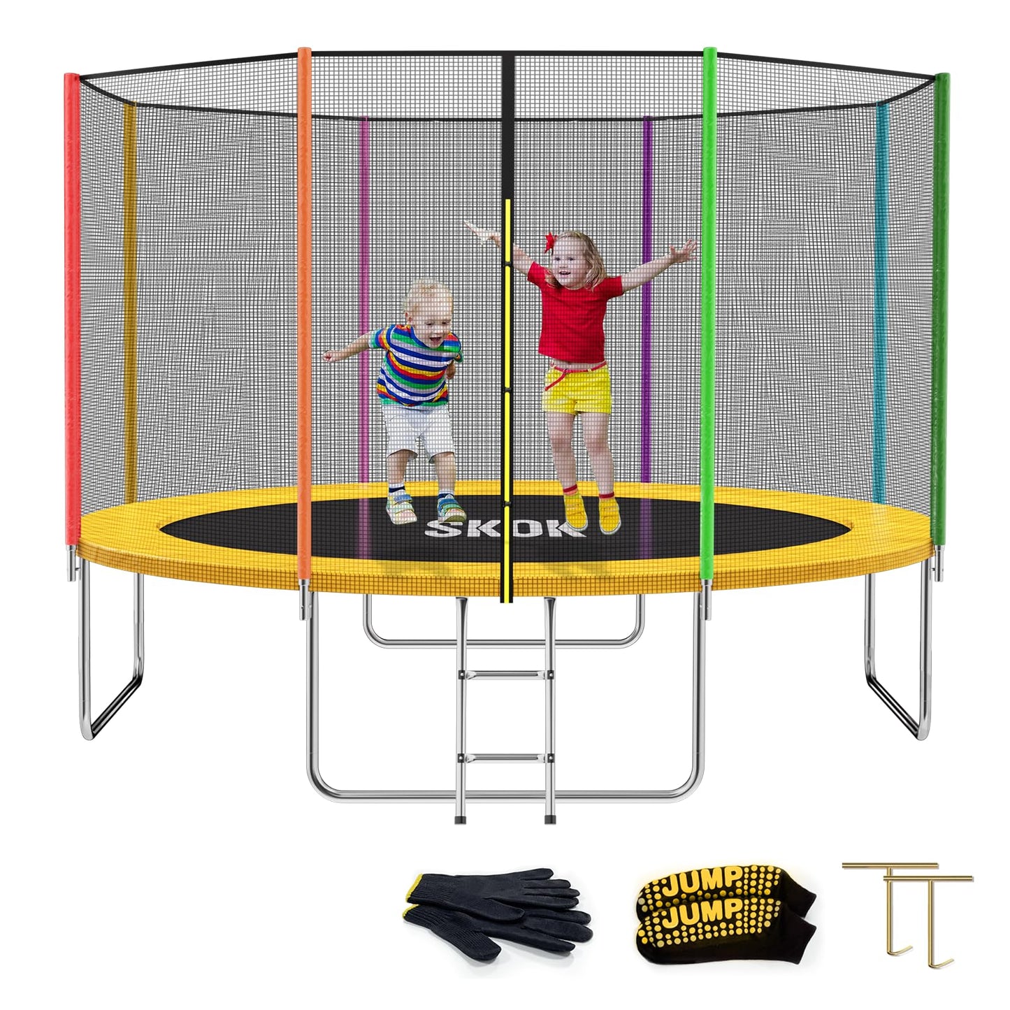 Skok Trampolines 12Ft Colorful Kids Trampoline With Enclosure Net, Trampoline Outdoor For Kids And Adults, With Spring Pad, Jump