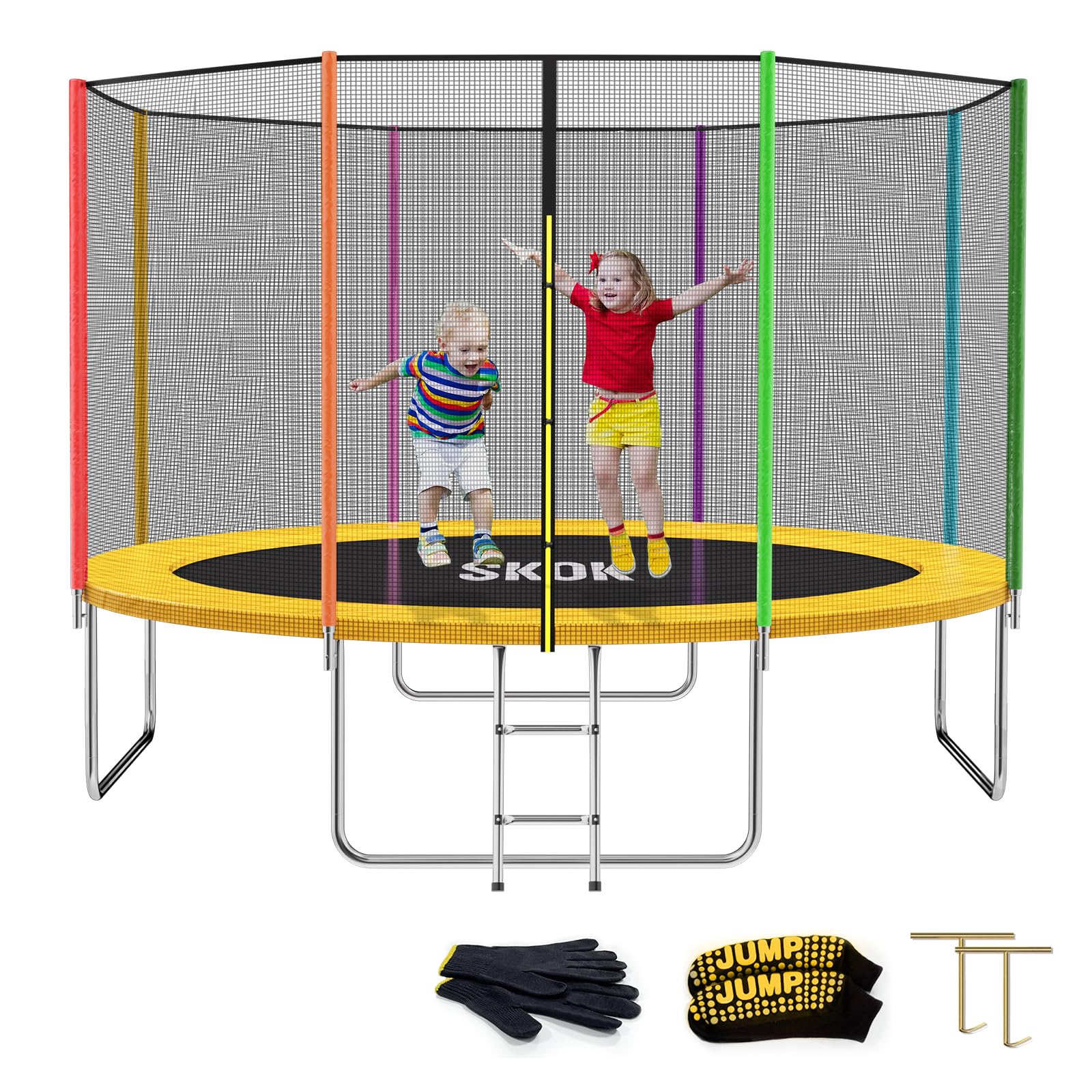Skok Trampolines 12Ft Colorful Kids Trampoline With Enclosure Net, Trampoline Outdoor For Kids And Adults, With Spring Pad, Jump