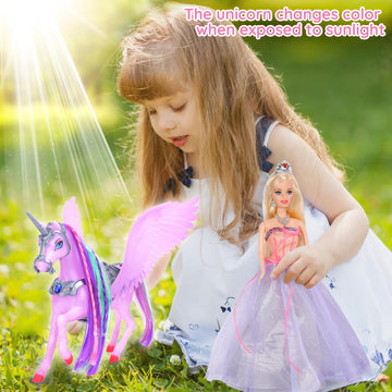 Bettina Color Changing Unicorn & Princess Doll, Color Change On Whole Unicorn Under Sunshine, 11.5'' Princess Doll Toy, Unicorn Toys With Removable Saddle&Wings