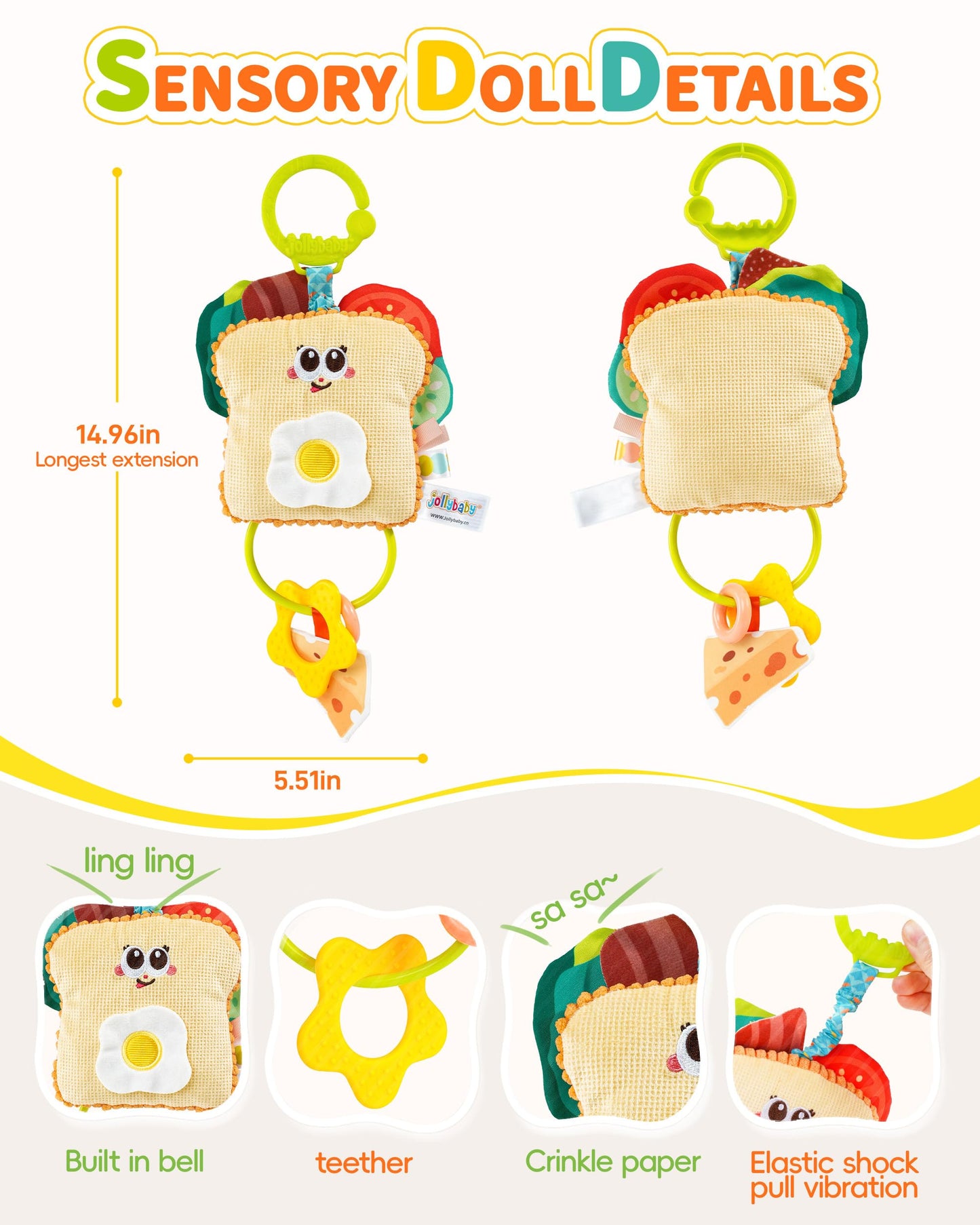 Jollybaby Baby Pull Vibration Toy - Tummy Time Sensory Hanging Toys for Car Seat  Stroller  Crib & Play Gym  with Babies Rattles & Teether  Air Travel Toys for Toddlers Gift- Toast