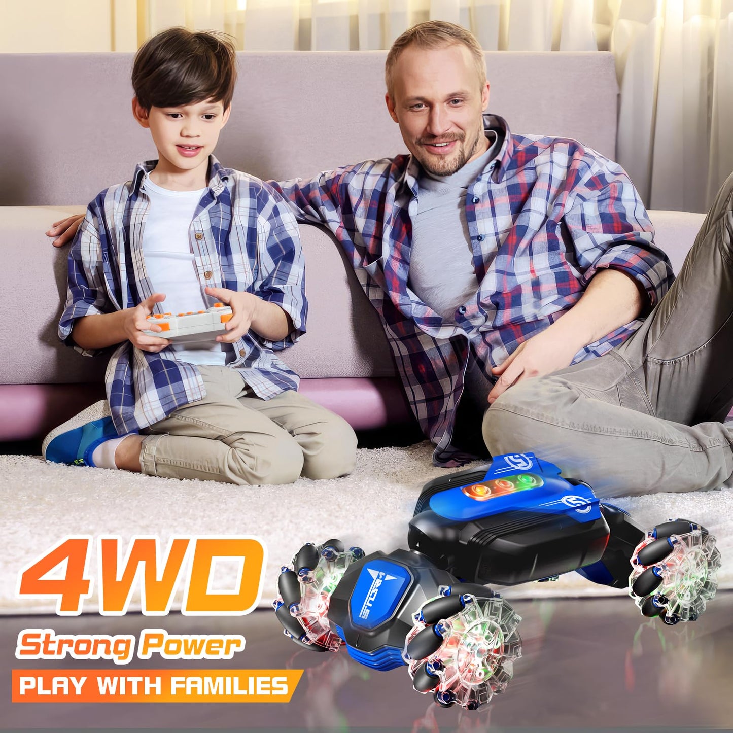 Aiqi Remote Control Car,2.4GHz 4WD Gesture Sensing RC Stunt Car with Cool Music and Light,Double-Sided Rotating 360 Flips Car To