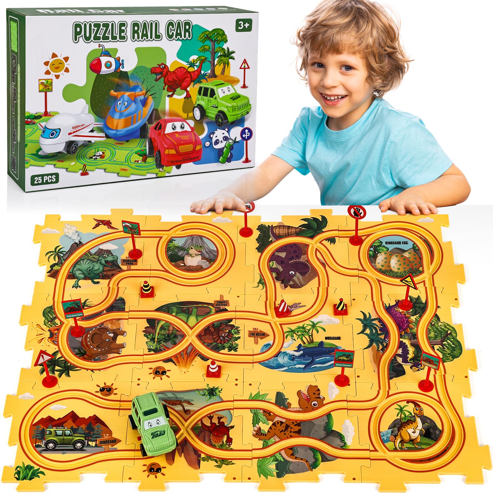 25Pcs Puzzle Racer Kids Car Track Set Dinosaur Themed Series, Puzzle T ...