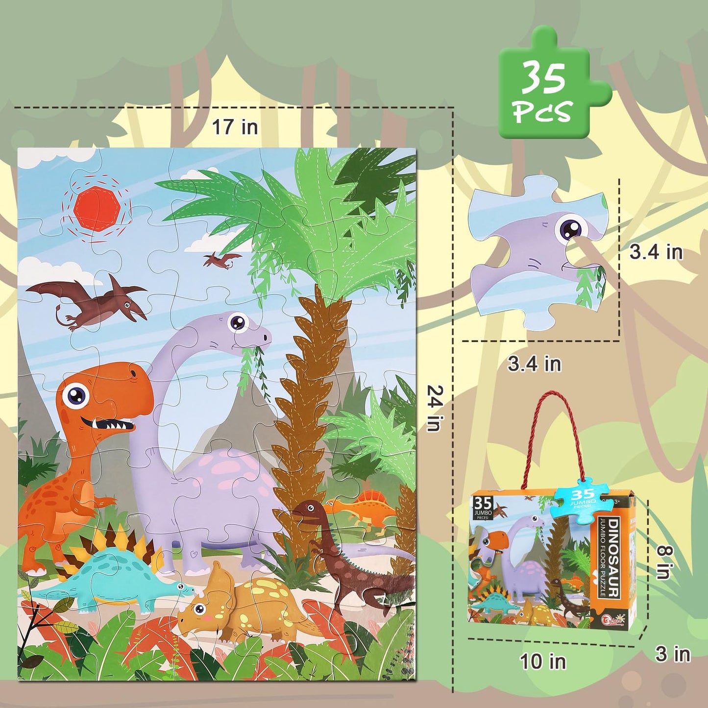 35 Piece Jumbo Dinosaur Puzzle for Kids Ages 3-6, Educational Large Floor Puzzles with Bonus Puzzle Sticker Sheets, Perfect Lear