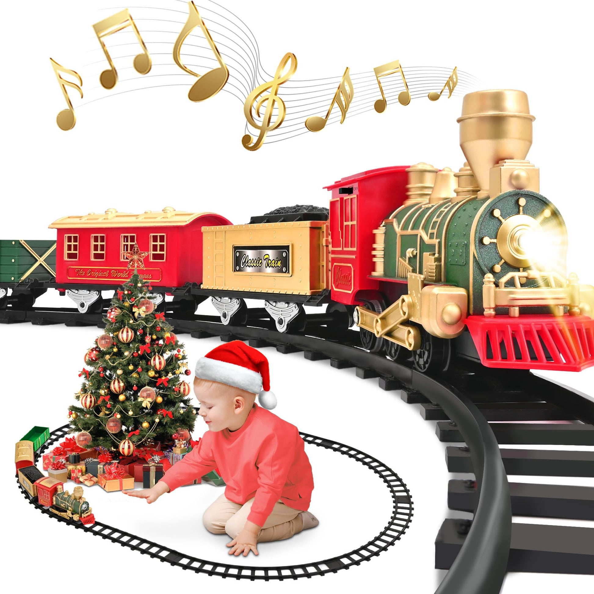 Train Set - Christmas Train Toys, Battery-Powered Locomotive Engine With Sound And Lights, Cargo Cars & 10 Tracks, Toy Train Set
