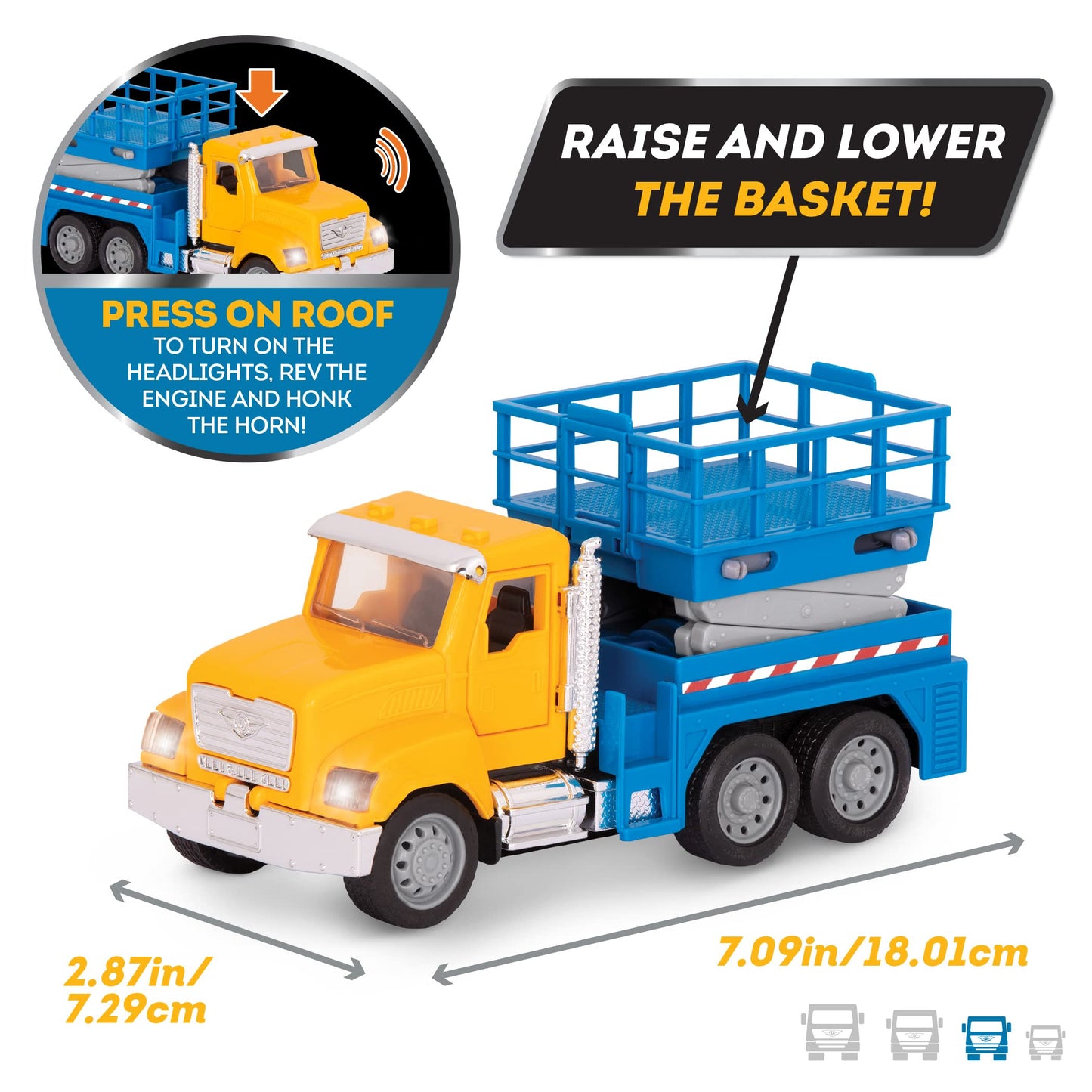 Driven by Battat - Micro Scissor Lift Truck - Toy Truck with Movable Basket, Light & Sound Effects for Kids Aged 3+
