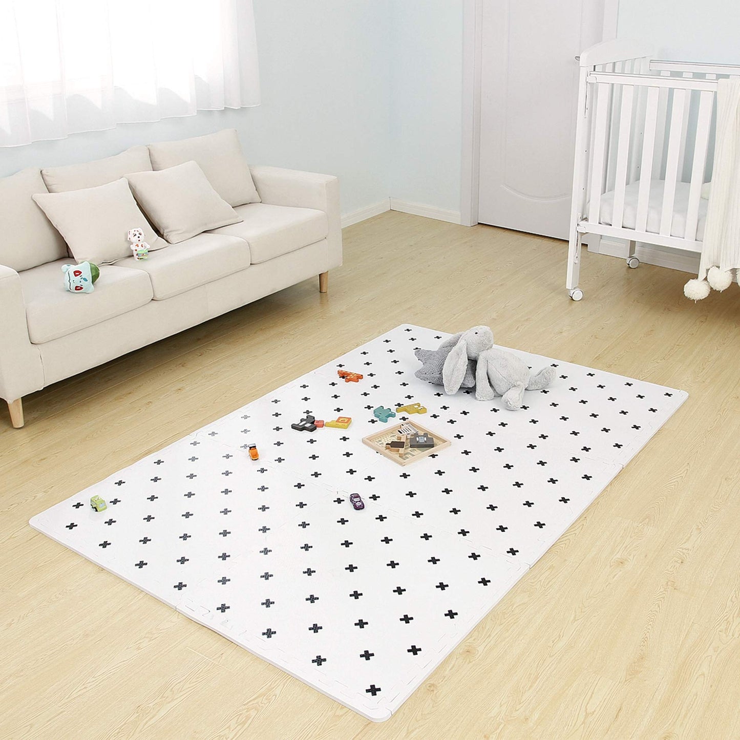 TCBunny Extra Large Baby Foam Play Mat - 4FT x 6FT Non-Toxic EVA Puzzle Mat (White with Black Cross) - Model jrcb-109