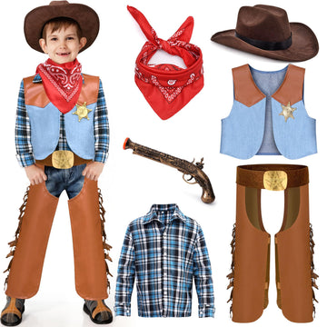 Toylink Kids Cowboy Costume For Boys Halloween Dress Up Leather Western Outfit With Accessories For Role Play Party