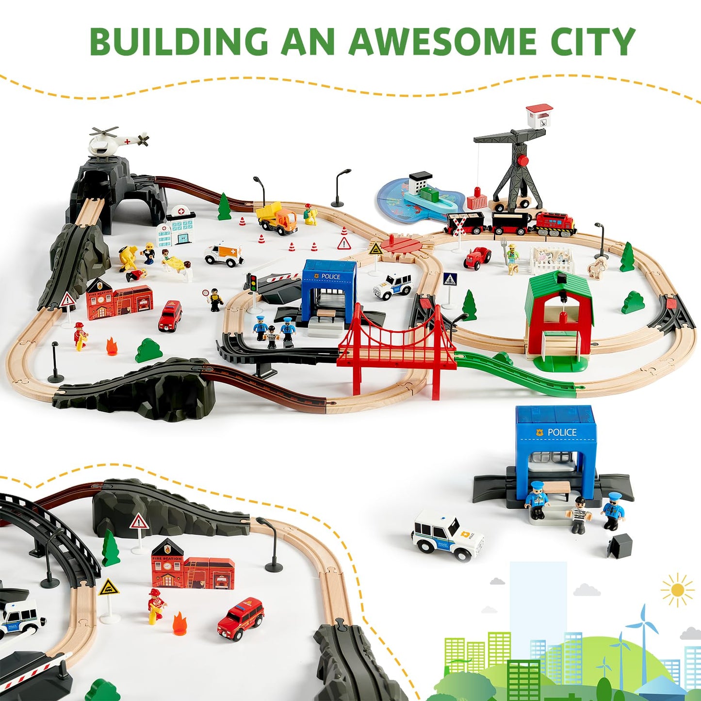 Joylike 153pcs Wooden Train Set  Toy Train for Boys & Girls  6 Themed Scenarios Wooden Train Track for Toddlers & Kids  Ideal Easter Birthday Gift Toy for Kids  Compatible with Major Brands