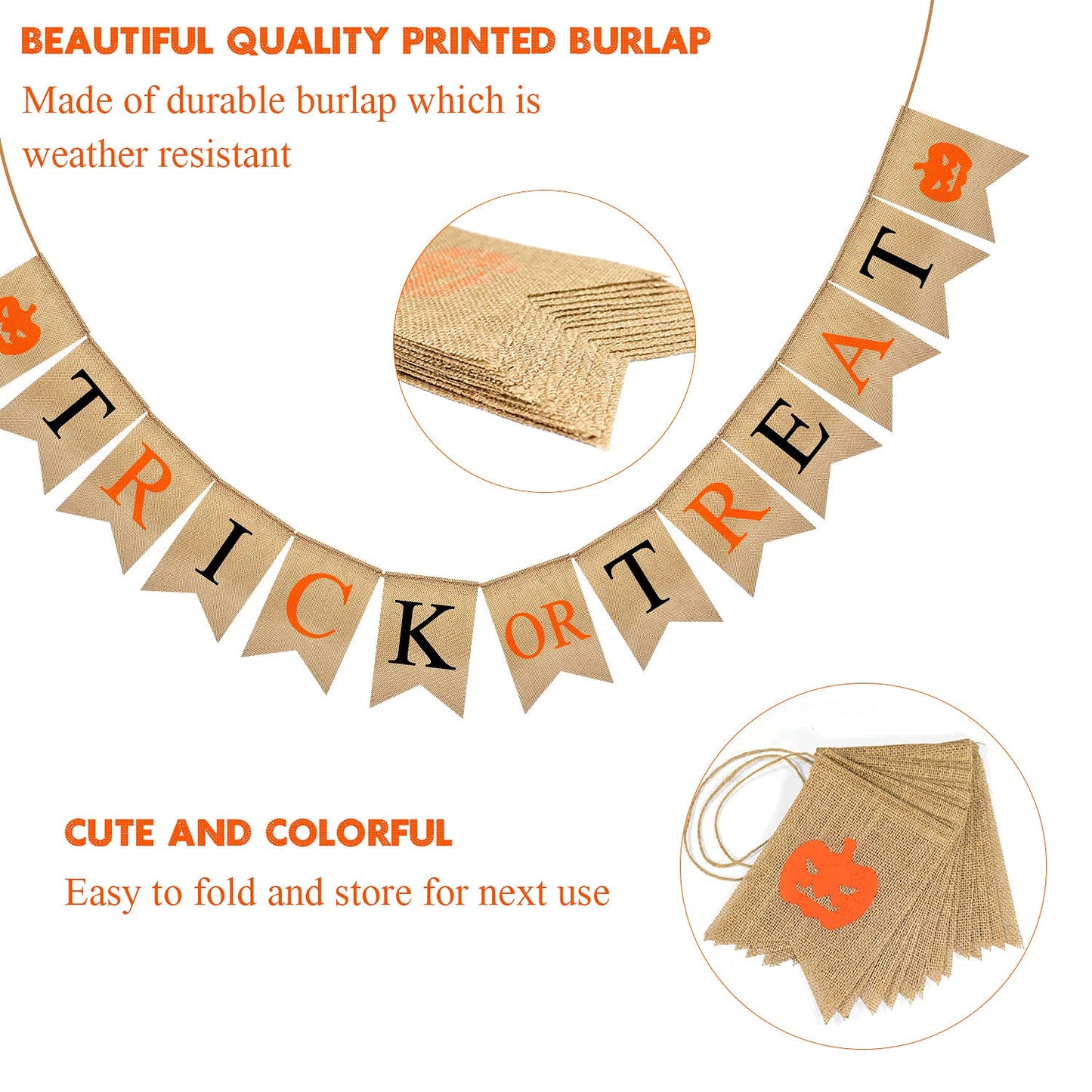 Trick or Treat Halloween Banner, 9.2ft/2.8m Burlap Halloween Bunting Garland with Pumpkin Pattern, Cute and Colorful Halloween D
