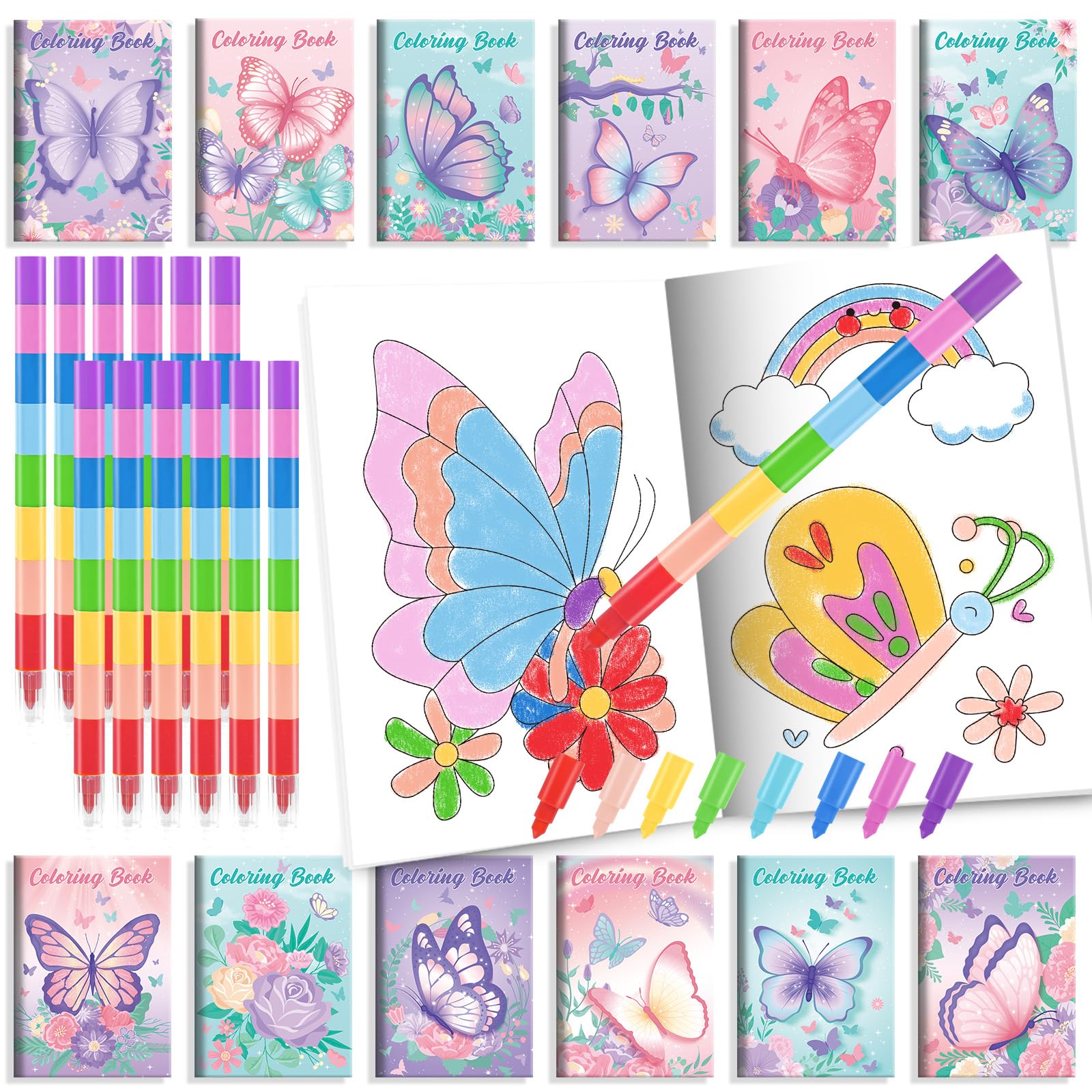 BenLouis 24 Butterfly Mini Coloring Books Kids with 24 Stacking Crayons Butterfly Theme Party Favors Activity Books Bulk for Kid
