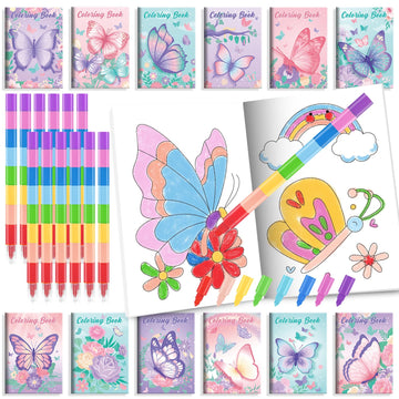 BenLouis 24 Butterfly Mini Coloring Books Kids with 24 Stacking Crayons Butterfly Theme Party Favors Activity Books Bulk for Kid