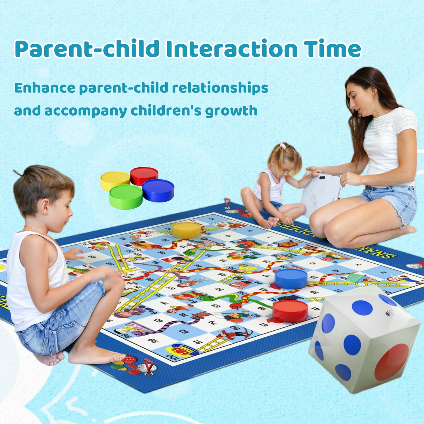 DY-GO Snakes and Ladders Board Game - Extra-Large 5.8 ft Floor Mat, Inflatable Dice, Multicolor, Indoor/Outdoor Fun for Ages 3+
