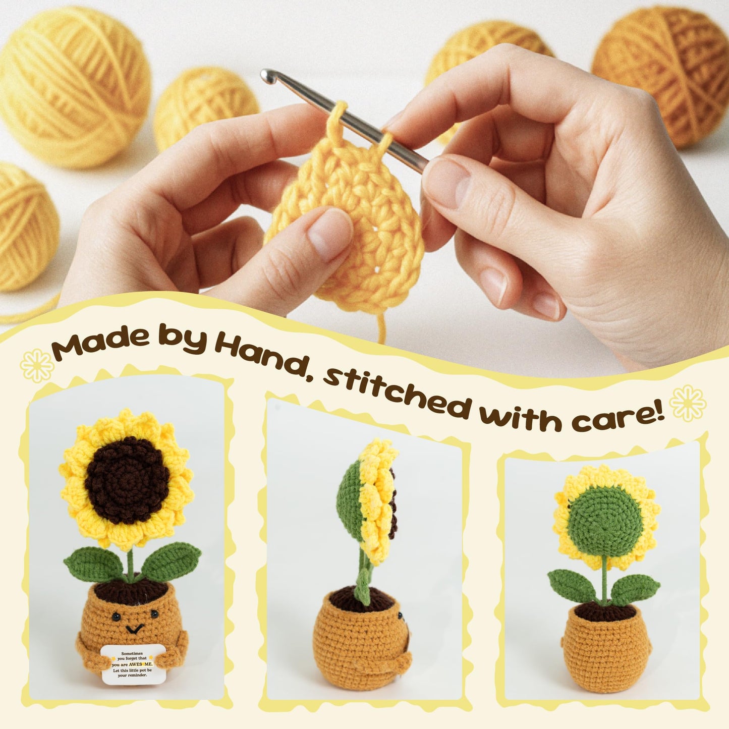 THEGIFTY Emotional Support Crochet Sunflower Doll - Handmade Positive Affirmation Gift for Women  Friends  Coworkers  Teachers - Uplifting Encouragement Flower in Yarn Pot