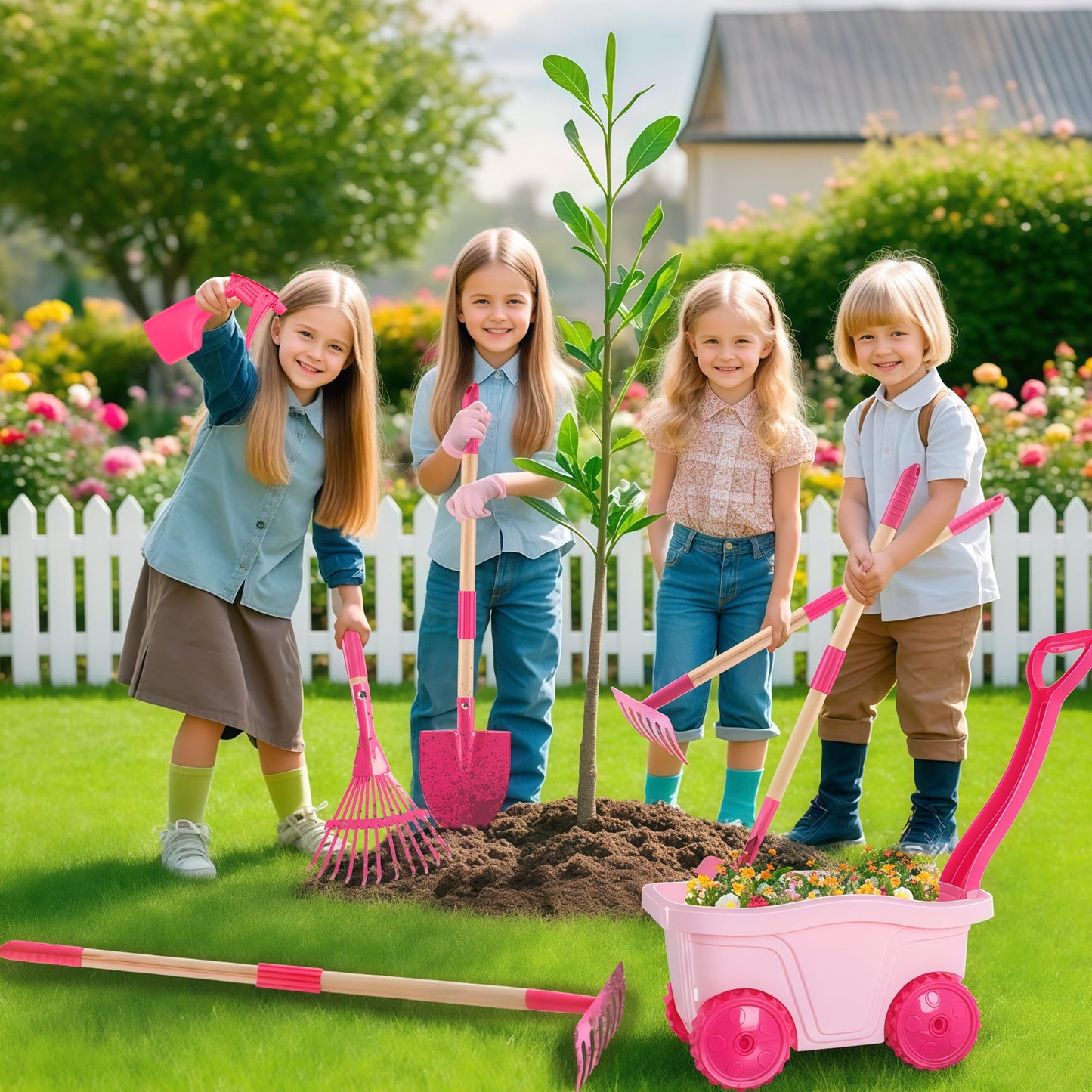 Duckura Kids Gardening Tools Set - 7pcs Wheelbarrow Set for Kids with Shovel  Rake  Leaf Rake  Summer Outdoor Yard Digging  Toys  Halloween Birthday Gifts for Boys Girls Age 2 3+ Years Old(Pink)