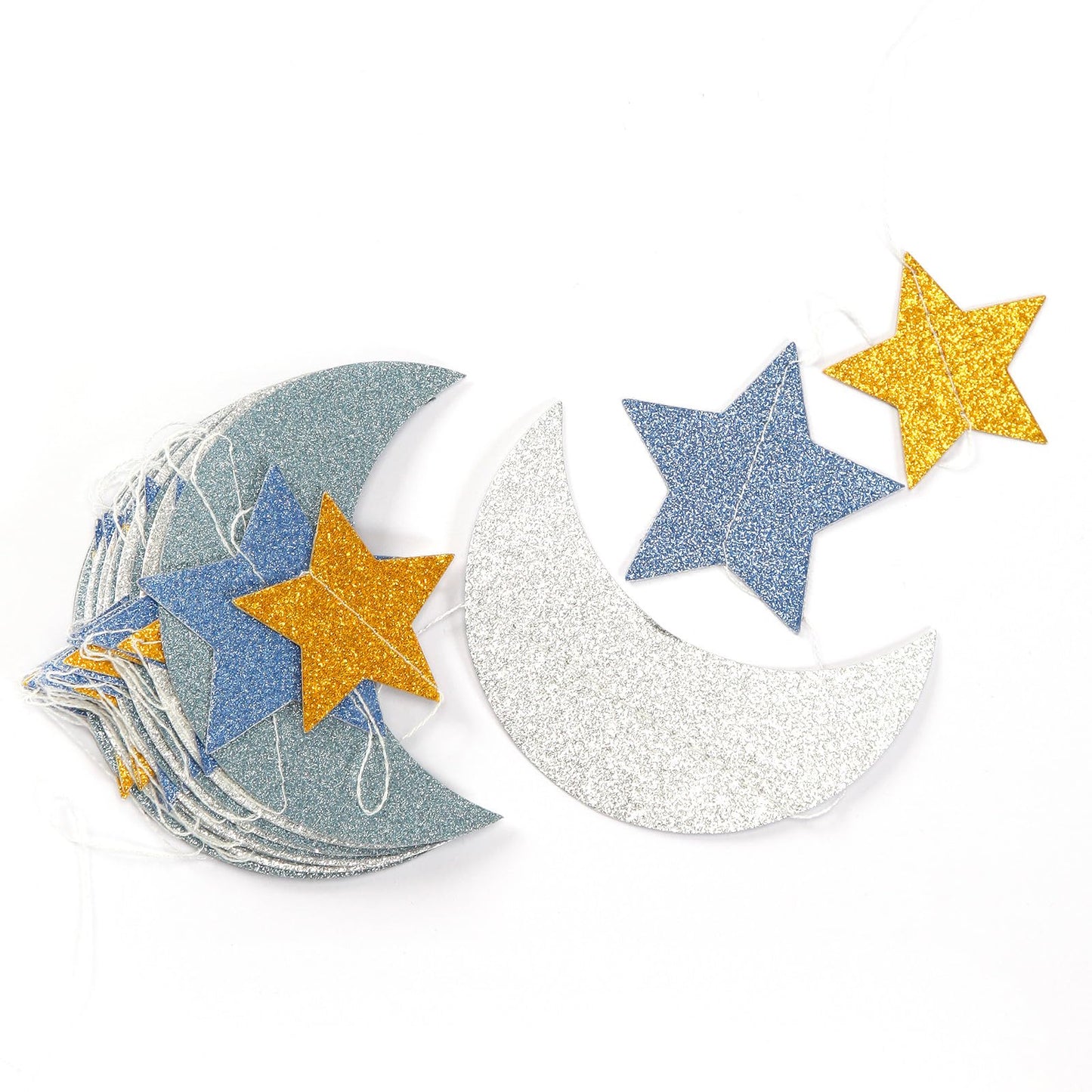 Blue-Gold Silver Party-Decorations Moon-Star Garland - 62Ft Twinkle Little Star Hanging Streamers Banner,Eid Ramadan Mubarak Dec