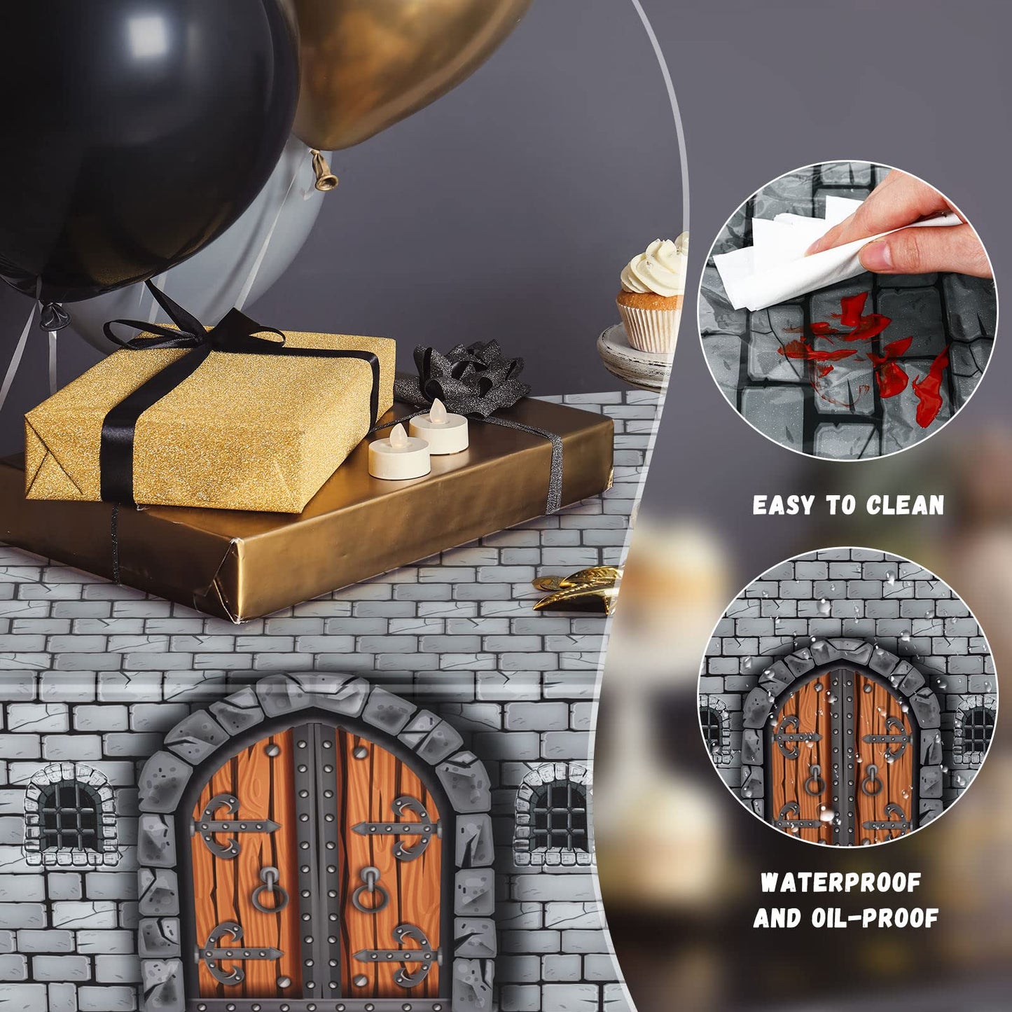 Remerry Medieval Tablecloth, 3 Pc Set, Plastic, 108 x 54 Inches, Rectangular, Stone Wall Design, Knight Party Decorations, Castl