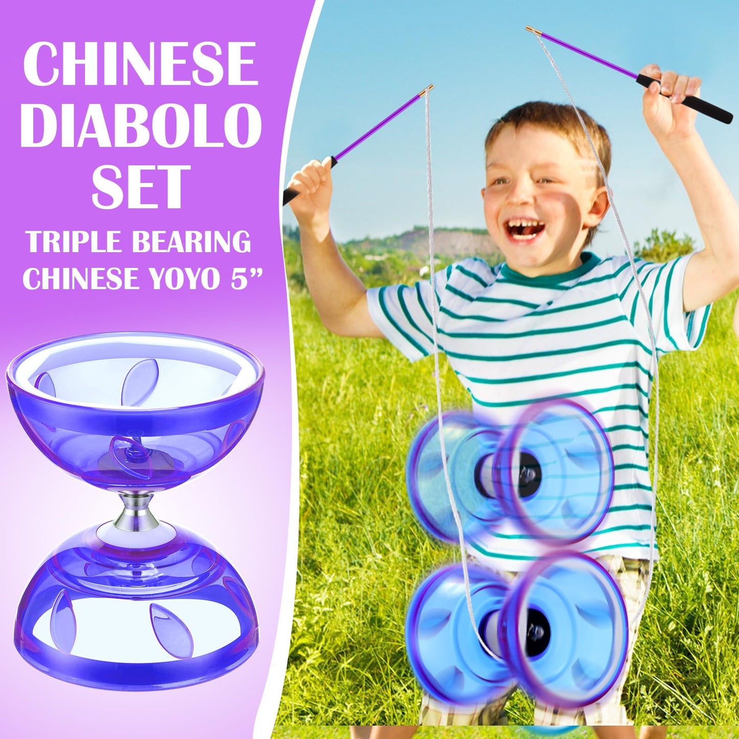 Simgoing Chinese Yoyo Diabolo Set Includes Colorful Chinese Yoyo with 2 Pieces Diabolo Sticks, 1 Piece String, 1 Net Bag for Fun