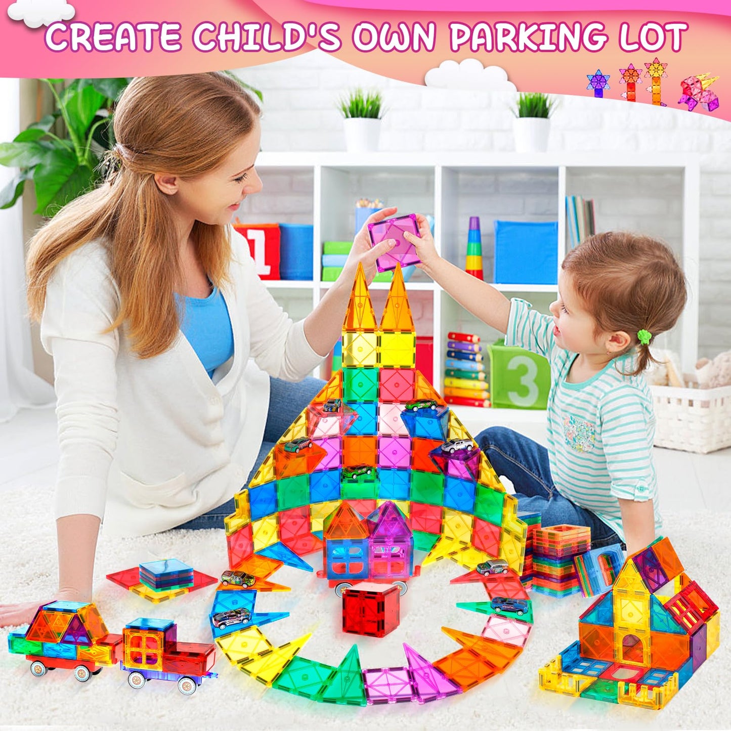 Lotmey 132PCS Magnetic Tiles with 2 Cars Deluxe Set, 3D Magnetic Building Blocks, Preschool Magnetic STEM Toys Sensory Education