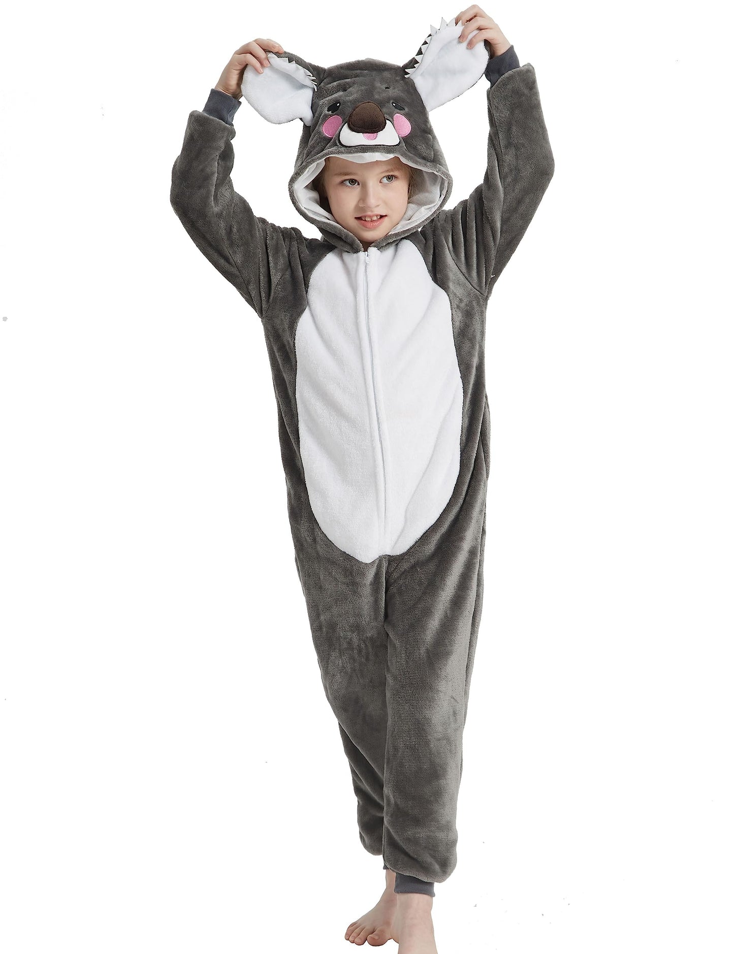 Acogna Onesie Kids Plush Animal Koala Costume One Piece Pajamas Girls Boys Teen Halloween Cosplay Sleepwear Gray 10-11 Years