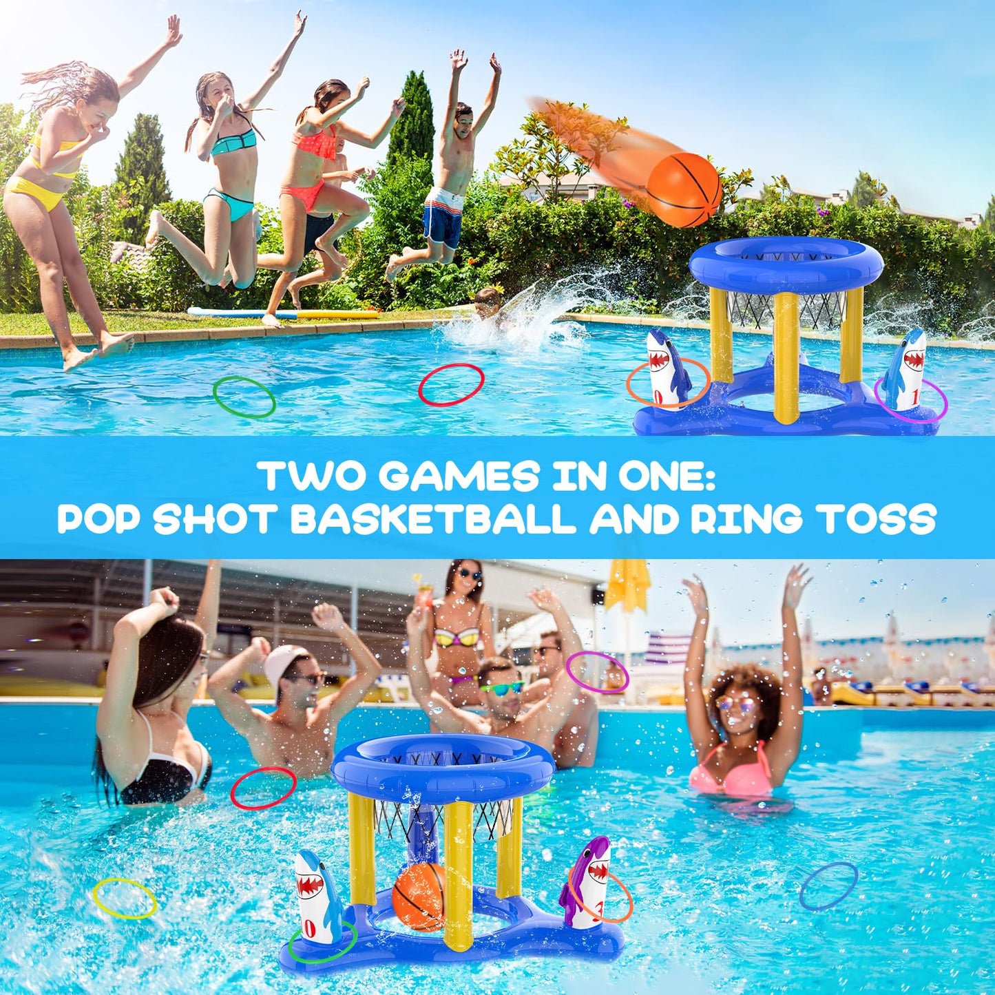 Eboozone Inflatable Pool Toys Basketball Hoop & Ring Toss Game, 2-In-1 Pool Toys Games Set, Swimming Pool Games Summer Pool Toys