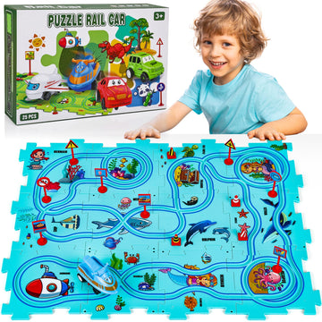 25Pcs Puzzle Racer Kids Car Track Set, Rail Car Puzzle Track Ocean Themed Series, Puzzle Track Car Play Set, Toddler Puzzle Trac