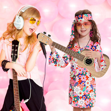 MRYUWB 70s Hippie Dress for Girls, 1970s Outfits Peace Sign Necklace Headband, 60s Themed Party Costumes for Kids 5-14 Years (Fl