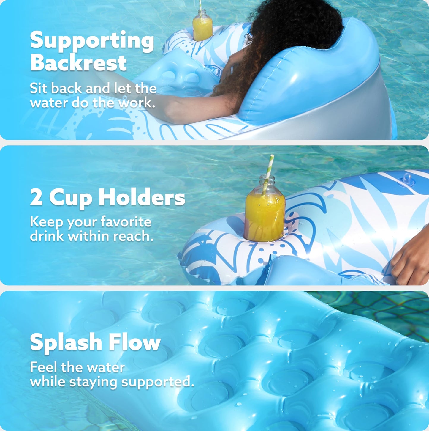 Sloosh Pool Floats with Canopy mature-themed XL Inflatable Pool Lounge Chairs with Cup Holders Floating Chair for mature-themeds Inflatable Floaties with Headrest for Party Beach Summer Water Fun Blue